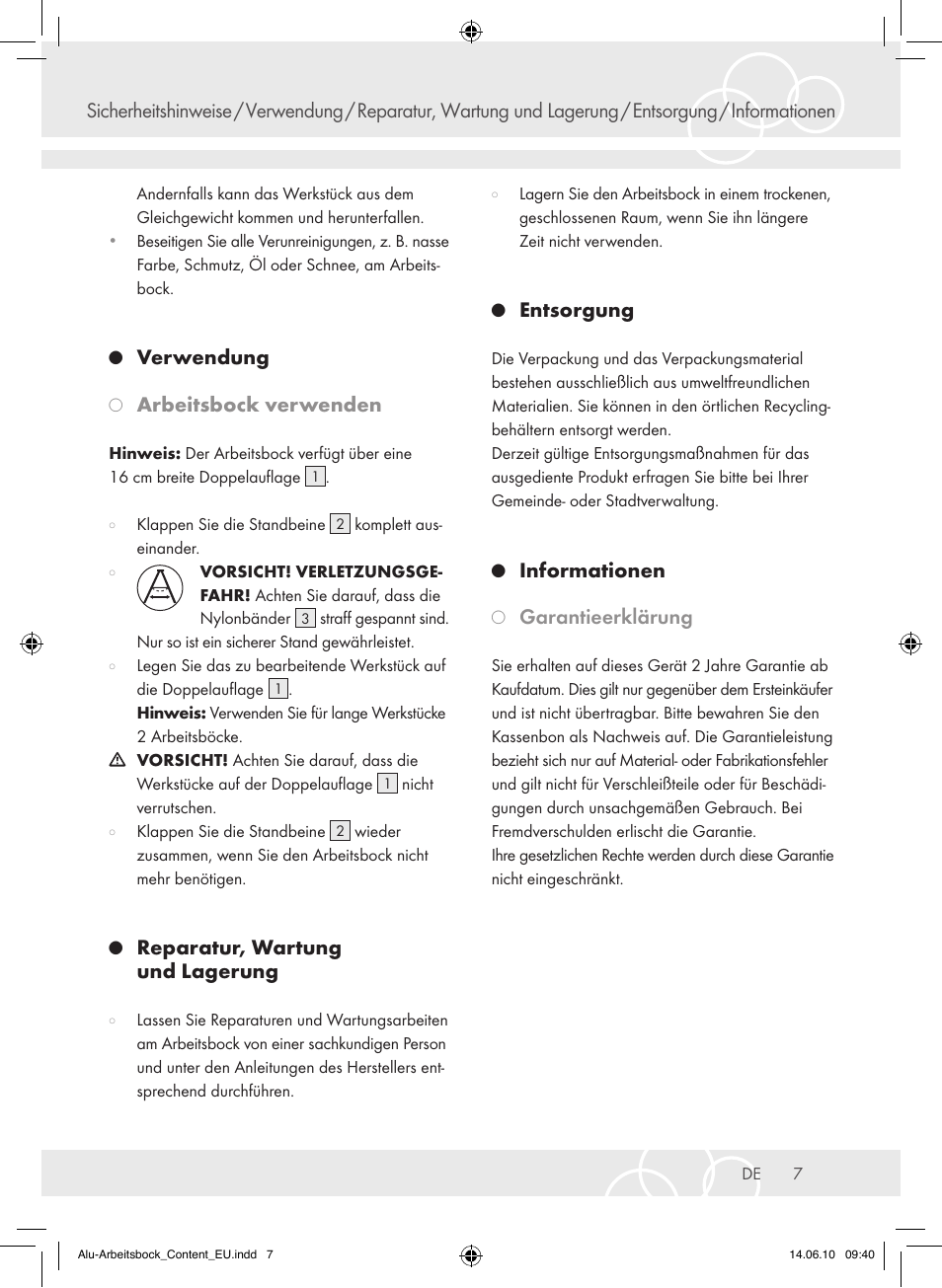 Verwendung, Arbeitsbock verwenden, Reparatur, wartung und lagerung | Entsorgung, Informationen, Garantieerklärung | Brennenstuhl Aluminium Trestles AMB 200 User Manual | Page 7 / 44