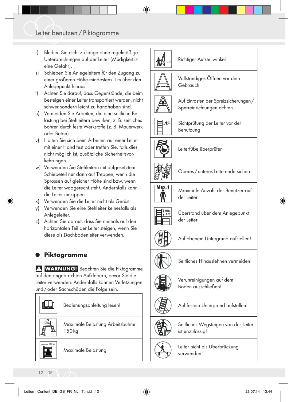 Leiter benutzen / piktogramme, Piktogramme | Brennenstuhl Aluminium Double-Sided Stepladder special trade quality 2x2 rungs Height of stepladder 0,7m User Manual | Page 12 / 57