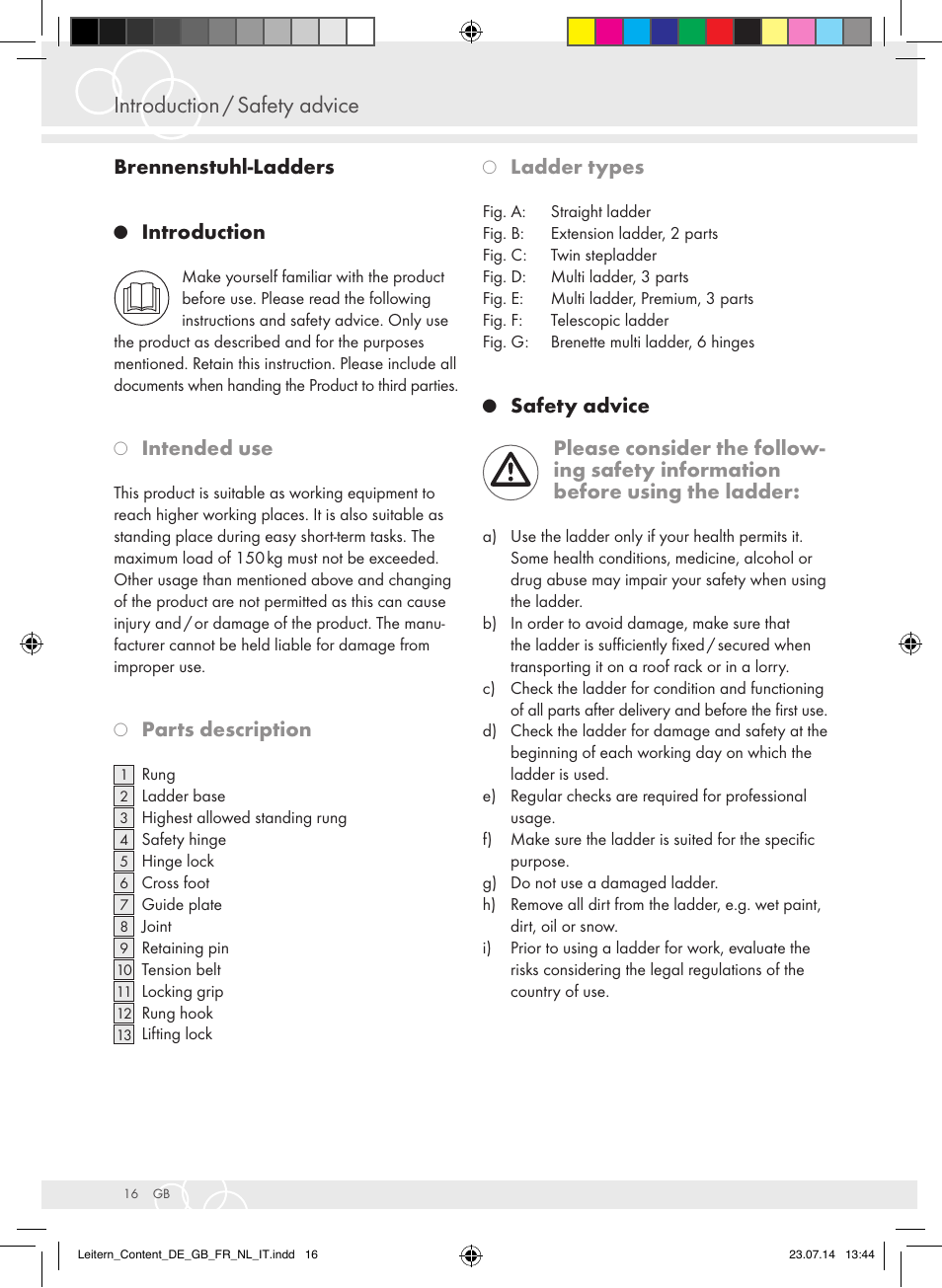 Introduction / safety advice, Brennenstuhl-ladders, Introduction | Intended use, Parts description, Ladder types | Brennenstuhl Aluminium Double-Sided Stepladder special trade quality 2x2 rungs Height of stepladder 0,7m User Manual | Page 16 / 57