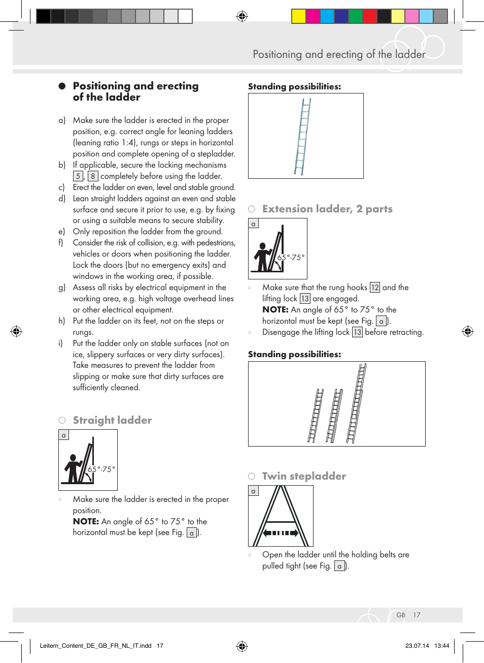 Positioning and erecting of the ladder, Straight ladder, Extension ladder, 2 parts | Twin stepladder | Brennenstuhl Aluminium Double-Sided Stepladder special trade quality 2x2 rungs Height of stepladder 0,7m User Manual | Page 17 / 57