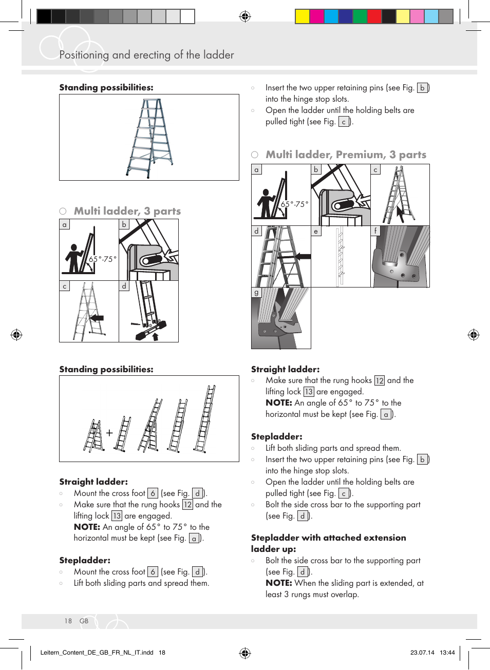 Positioning and erecting of the ladder, Multi ladder, 3 parts, Multi ladder, premium, 3 parts | Brennenstuhl Aluminium Double-Sided Stepladder special trade quality 2x2 rungs Height of stepladder 0,7m User Manual | Page 18 / 57