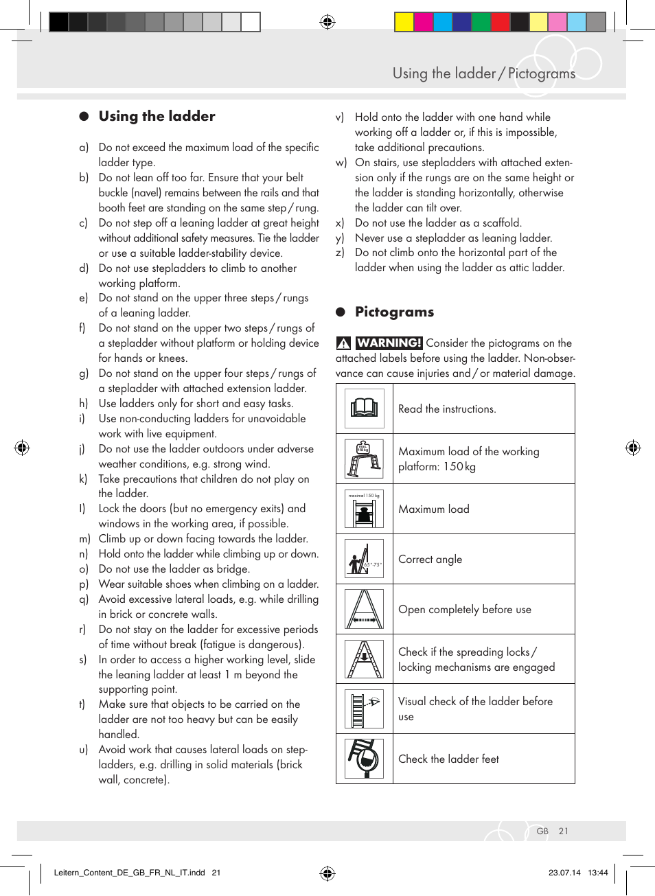 Using the ladder / pictograms, Using the ladder, Pictograms | Brennenstuhl Aluminium Double-Sided Stepladder special trade quality 2x2 rungs Height of stepladder 0,7m User Manual | Page 21 / 57