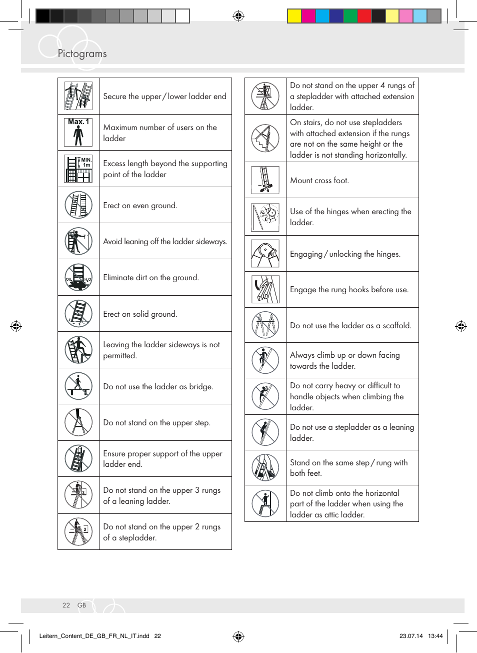 Pictograms | Brennenstuhl Aluminium Double-Sided Stepladder special trade quality 2x2 rungs Height of stepladder 0,7m User Manual | Page 22 / 57