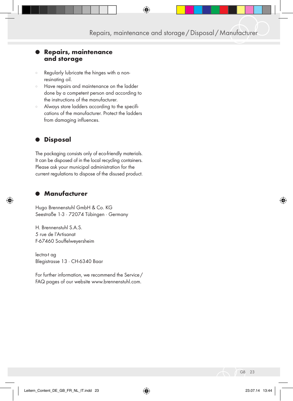 Repairs, maintenance and storage, Disposal, Manufacturer | Brennenstuhl Aluminium Double-Sided Stepladder special trade quality 2x2 rungs Height of stepladder 0,7m User Manual | Page 23 / 57