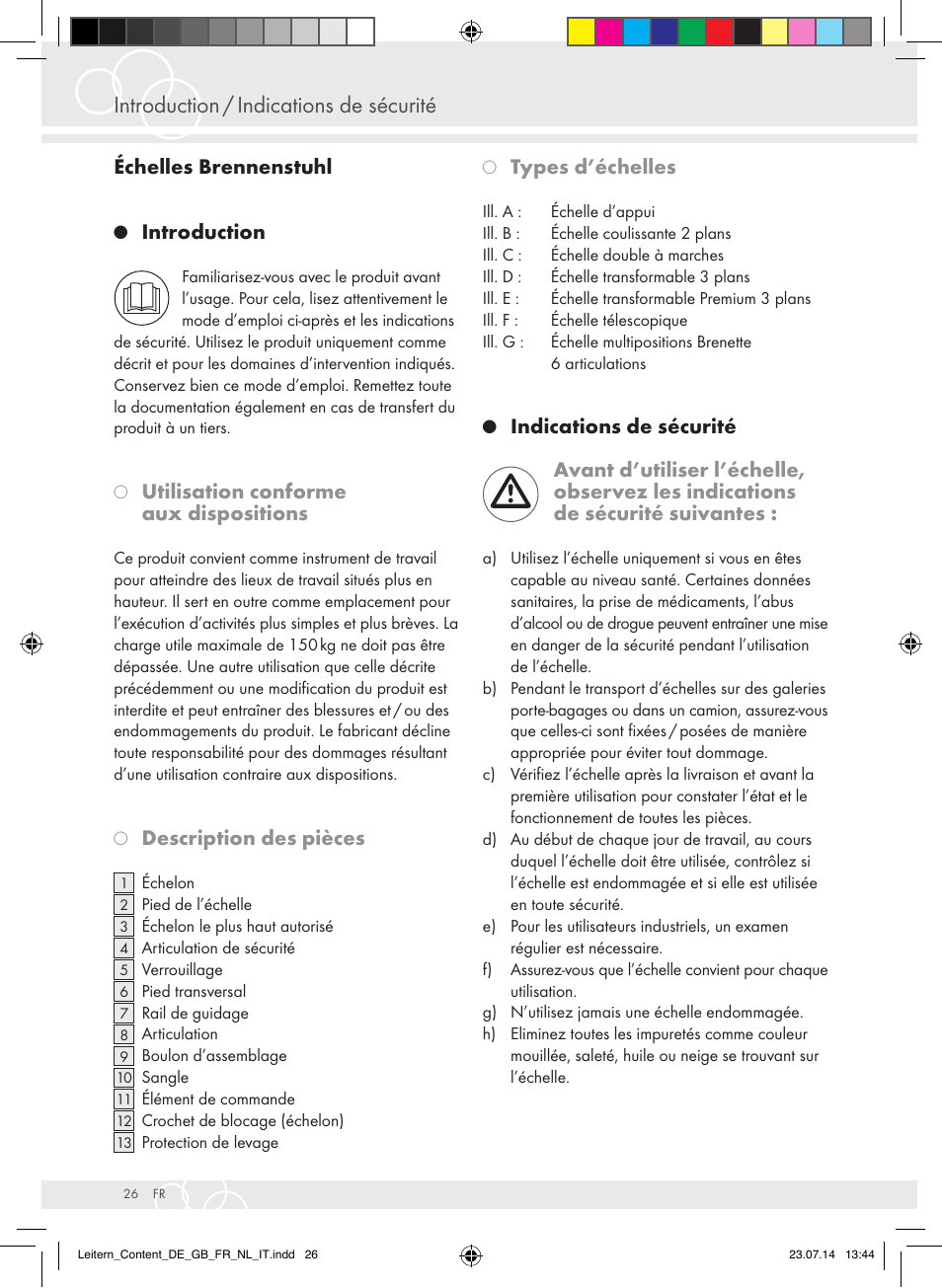 Introduction / indications de sécurité, Échelles brennenstuhl, Introduction | Utilisation conforme aux dispositions, Description des pièces, Types d’échelles | Brennenstuhl Aluminium Double-Sided Stepladder special trade quality 2x2 rungs Height of stepladder 0,7m User Manual | Page 26 / 57