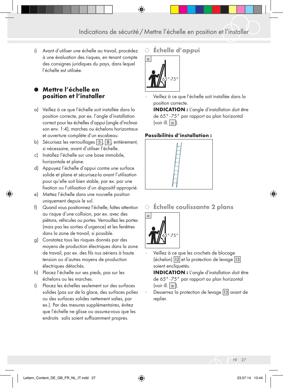 Mettre l’échelle en position et l’installer, Échelle d’appui, Échelle coulissante 2 plans | Brennenstuhl Aluminium Double-Sided Stepladder special trade quality 2x2 rungs Height of stepladder 0,7m User Manual | Page 27 / 57