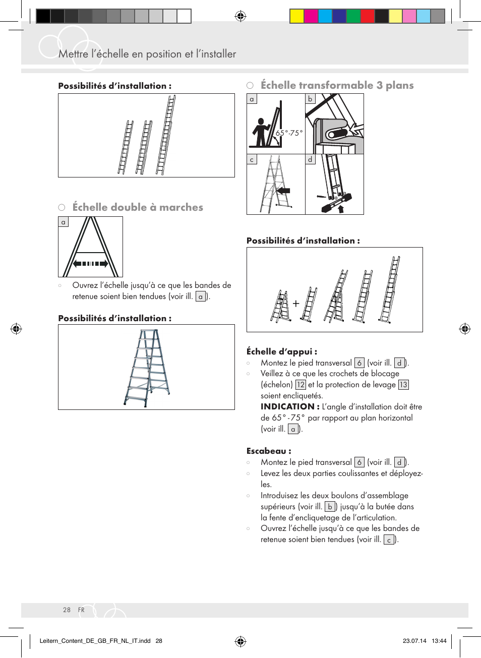 Mettre l’échelle en position et l’installer, Échelle double à marches, Échelle transformable 3 plans | Brennenstuhl Aluminium Double-Sided Stepladder special trade quality 2x2 rungs Height of stepladder 0,7m User Manual | Page 28 / 57