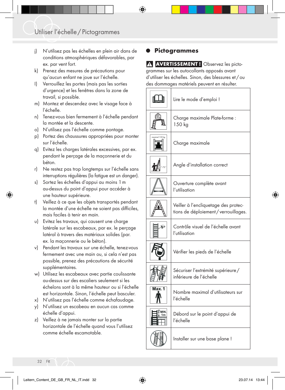 Utiliser l’échelle / pictogrammes, Pictogrammes | Brennenstuhl Aluminium Double-Sided Stepladder special trade quality 2x2 rungs Height of stepladder 0,7m User Manual | Page 32 / 57