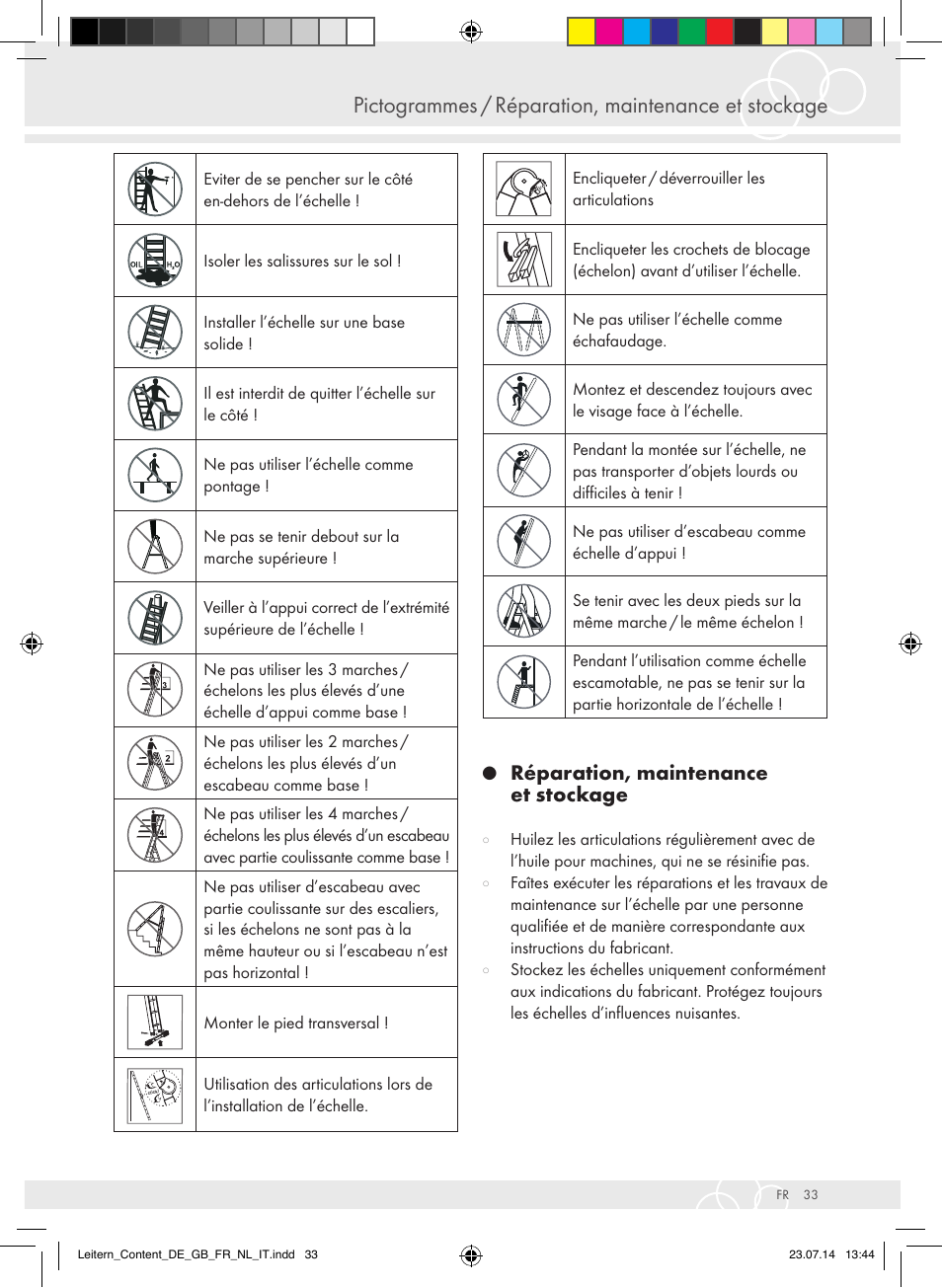 Pictogrammes / réparation, maintenance et stockage, Réparation, maintenance et stockage | Brennenstuhl Aluminium Double-Sided Stepladder special trade quality 2x2 rungs Height of stepladder 0,7m User Manual | Page 33 / 57