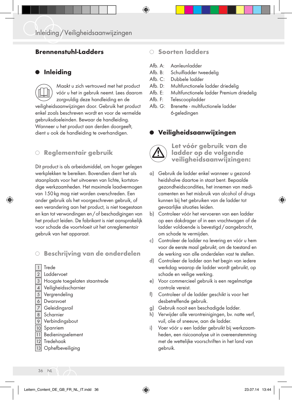 Inleiding / veiligheidsaanwijzingen, Brennenstuhl-ladders, Inleiding | Reglementair gebruik, Beschrijving van de onderdelen, Soorten ladders | Brennenstuhl Aluminium Double-Sided Stepladder special trade quality 2x2 rungs Height of stepladder 0,7m User Manual | Page 36 / 57