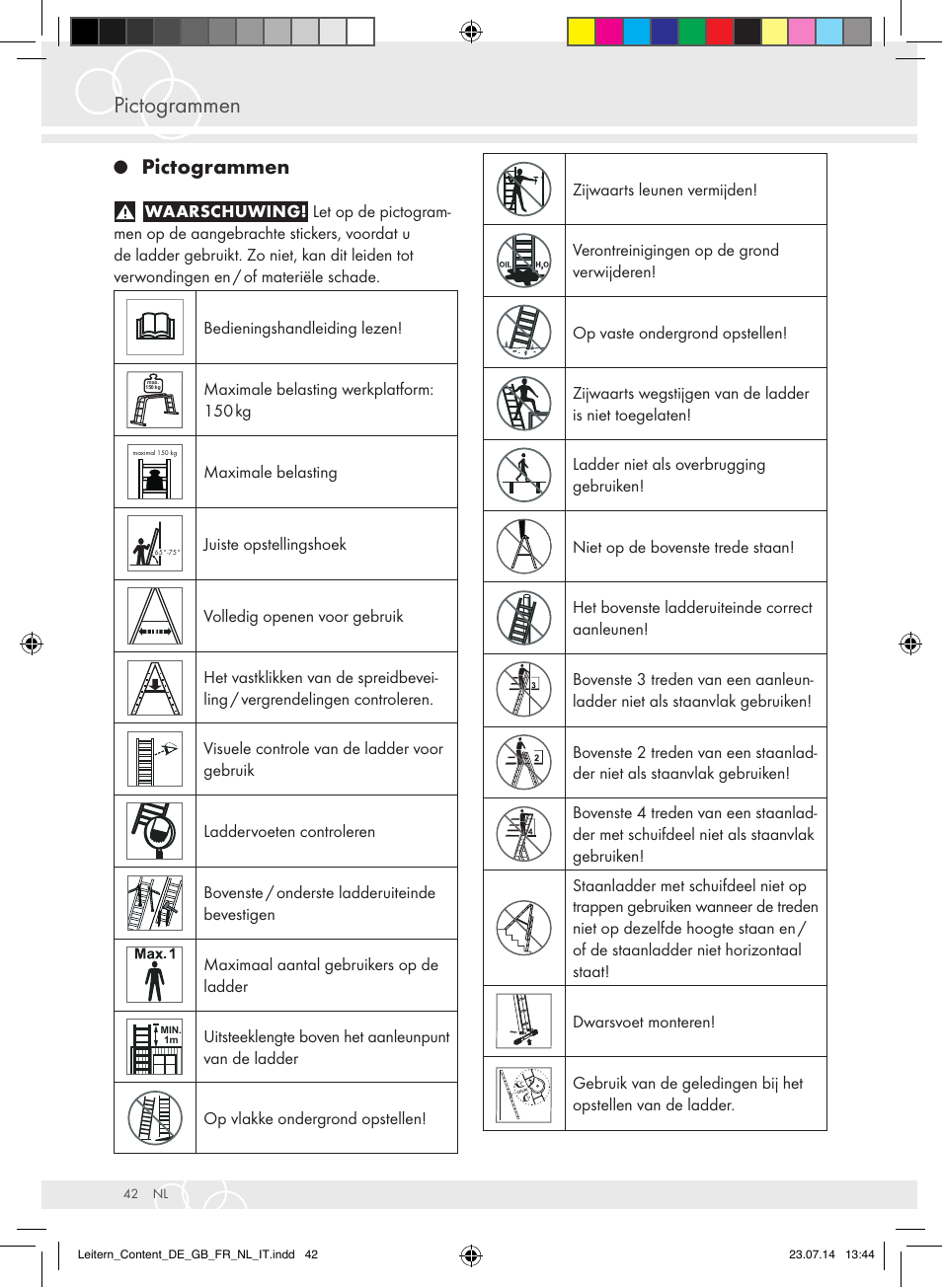 Pictogrammen | Brennenstuhl Aluminium Double-Sided Stepladder special trade quality 2x2 rungs Height of stepladder 0,7m User Manual | Page 42 / 57