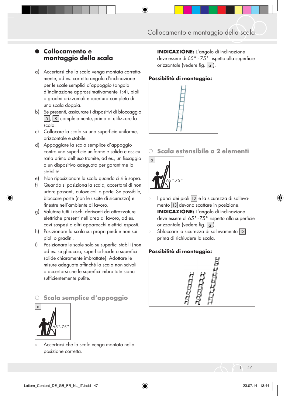 Collocamento e montaggio della scala, Scala semplice d‘appoggio, Scala estensibile a 2 elementi | Brennenstuhl Aluminium Double-Sided Stepladder special trade quality 2x2 rungs Height of stepladder 0,7m User Manual | Page 47 / 57
