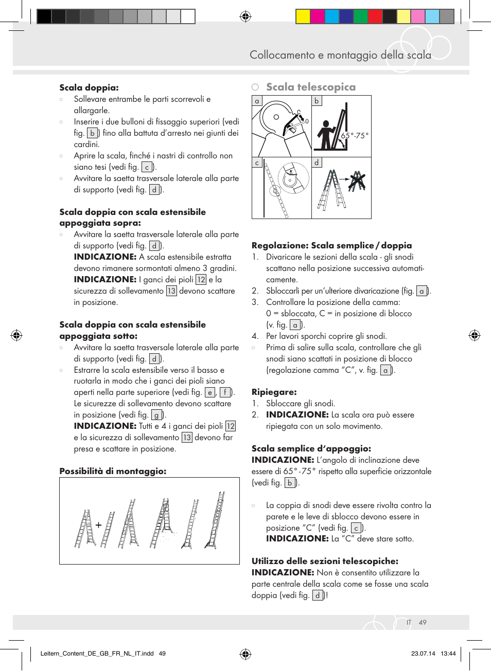 Collocamento e montaggio della scala, Scala telescopica | Brennenstuhl Aluminium Double-Sided Stepladder special trade quality 2x2 rungs Height of stepladder 0,7m User Manual | Page 49 / 57