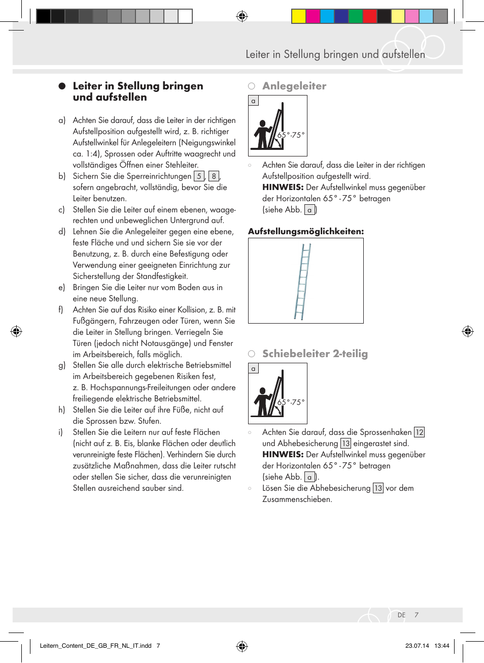 Leiter in stellung bringen und aufstellen, Anlegeleiter, Schiebeleiter 2-teilig | Brennenstuhl Aluminium Double-Sided Stepladder special trade quality 2x2 rungs Height of stepladder 0,7m User Manual | Page 7 / 57