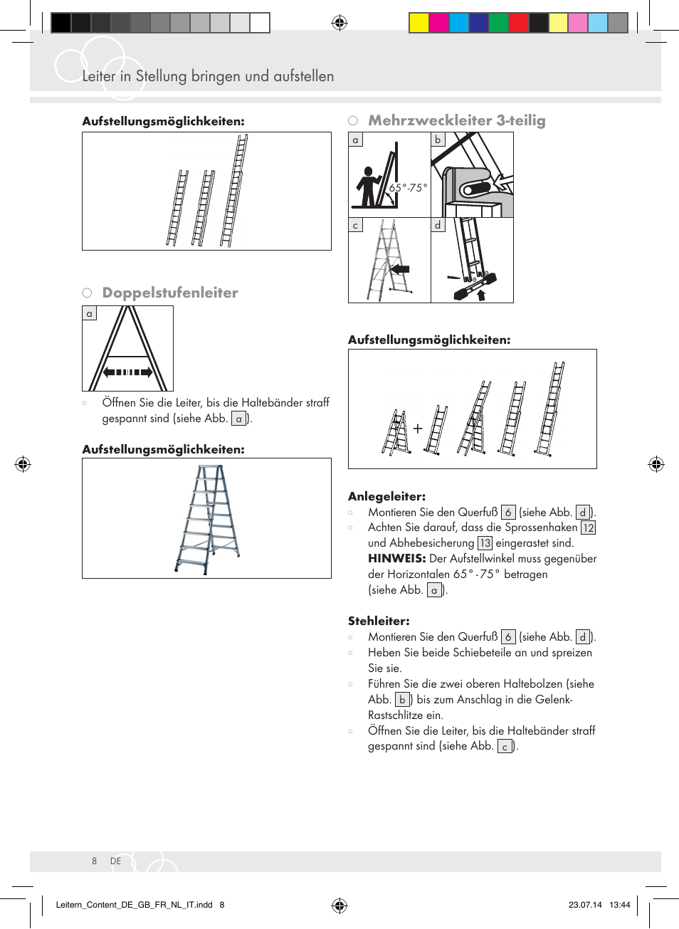 Leiter in stellung bringen und aufstellen, Doppelstufenleiter, Mehrzweckleiter 3-teilig | Brennenstuhl Aluminium Double-Sided Stepladder special trade quality 2x2 rungs Height of stepladder 0,7m User Manual | Page 8 / 57