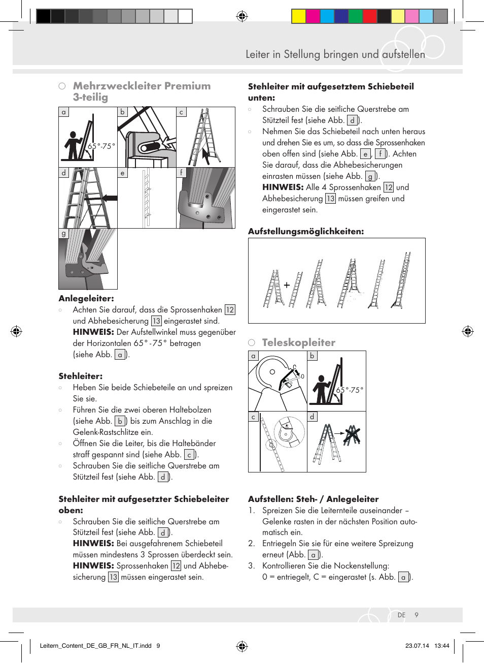 Leiter in stellung bringen und aufstellen, Mehrzweckleiter premium 3-teilig, Teleskopleiter | Brennenstuhl Aluminium Double-Sided Stepladder special trade quality 2x2 rungs Height of stepladder 0,7m User Manual | Page 9 / 57