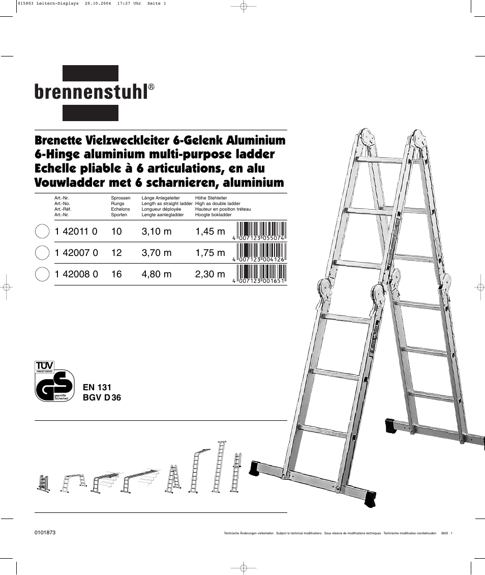 Brennenstuhl Brenette 6-Hinge Aluminium Multi-purpose Ladder 12 rungs, Height of stepladder 1,8m Length of ladder 3,6m User Manual | 25 pages