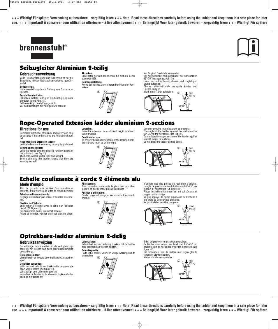 Seilzugleiter aluminium 2-teilig | Brennenstuhl Brenette 6-Hinge Aluminium Multi-purpose Ladder 12 rungs, Height of stepladder 1,8m Length of ladder 3,6m User Manual | Page 10 / 25