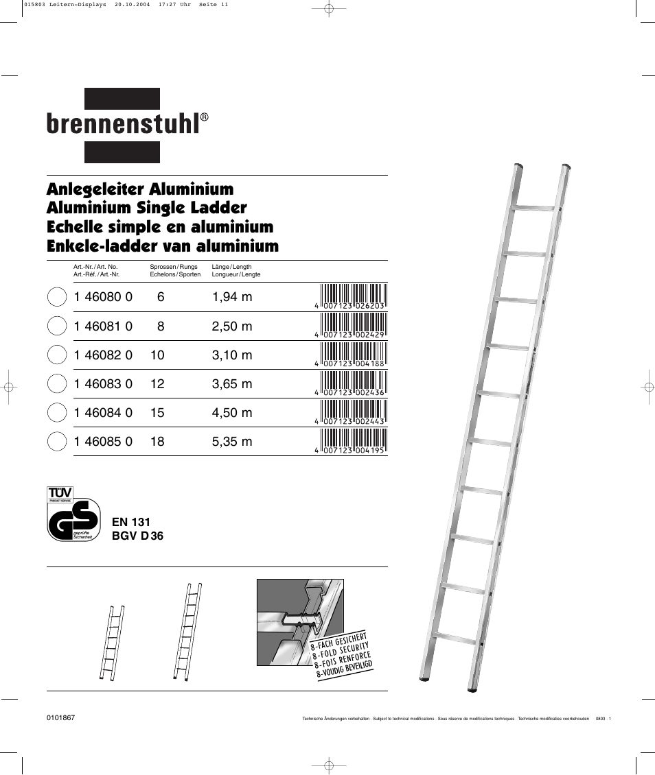 Brennenstuhl Brenette 6-Hinge Aluminium Multi-purpose Ladder 12 rungs, Height of stepladder 1,8m Length of ladder 3,6m User Manual | Page 11 / 25