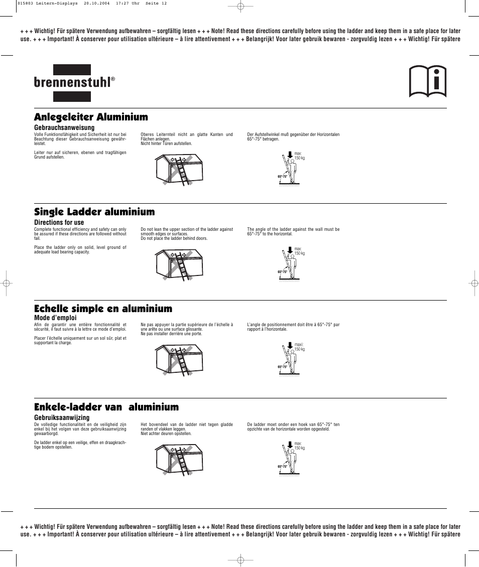 Anlegeleiter aluminium | Brennenstuhl Brenette 6-Hinge Aluminium Multi-purpose Ladder 12 rungs, Height of stepladder 1,8m Length of ladder 3,6m User Manual | Page 12 / 25