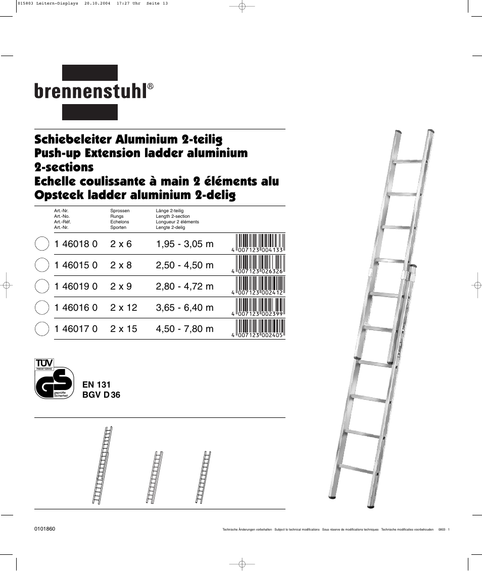 Brennenstuhl Brenette 6-Hinge Aluminium Multi-purpose Ladder 12 rungs, Height of stepladder 1,8m Length of ladder 3,6m User Manual | Page 13 / 25