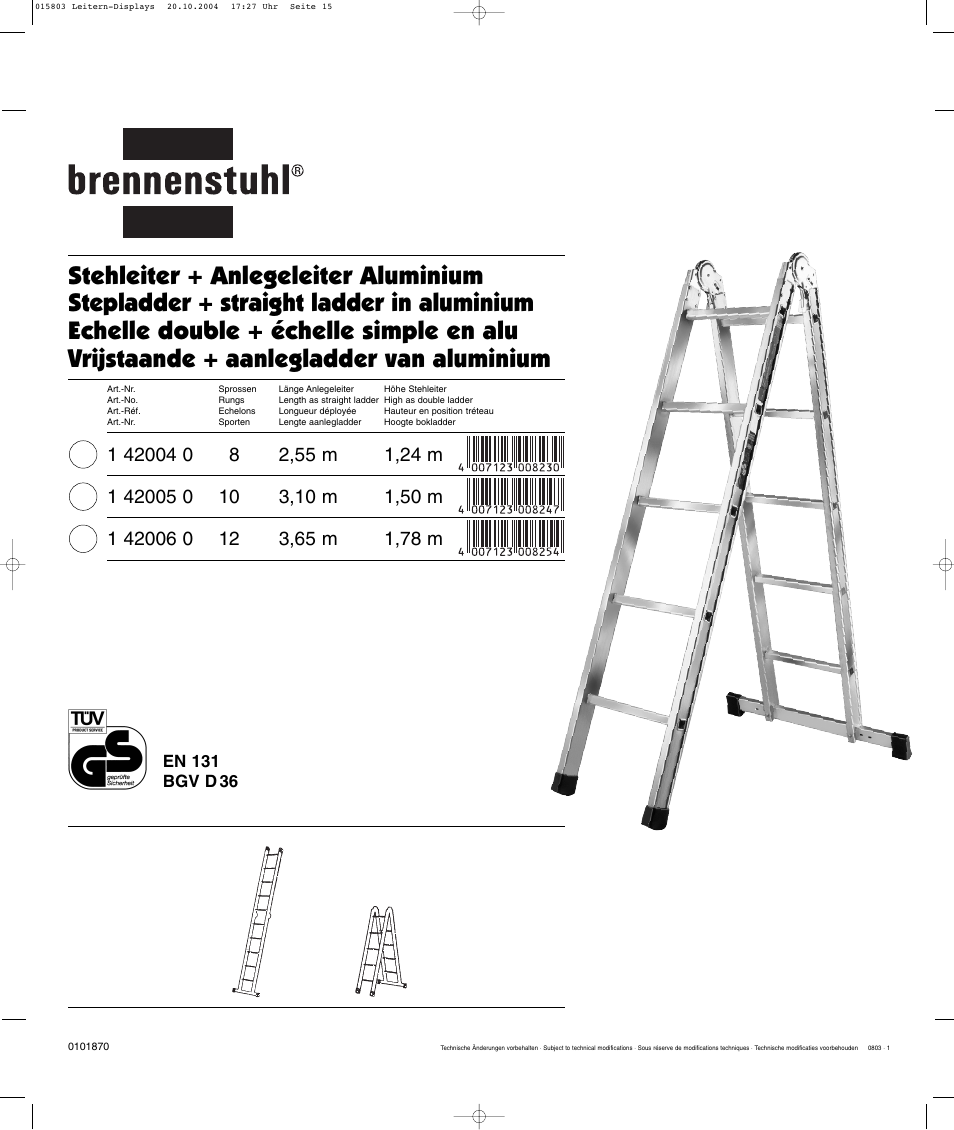 Brennenstuhl Brenette 6-Hinge Aluminium Multi-purpose Ladder 12 rungs, Height of stepladder 1,8m Length of ladder 3,6m User Manual | Page 15 / 25