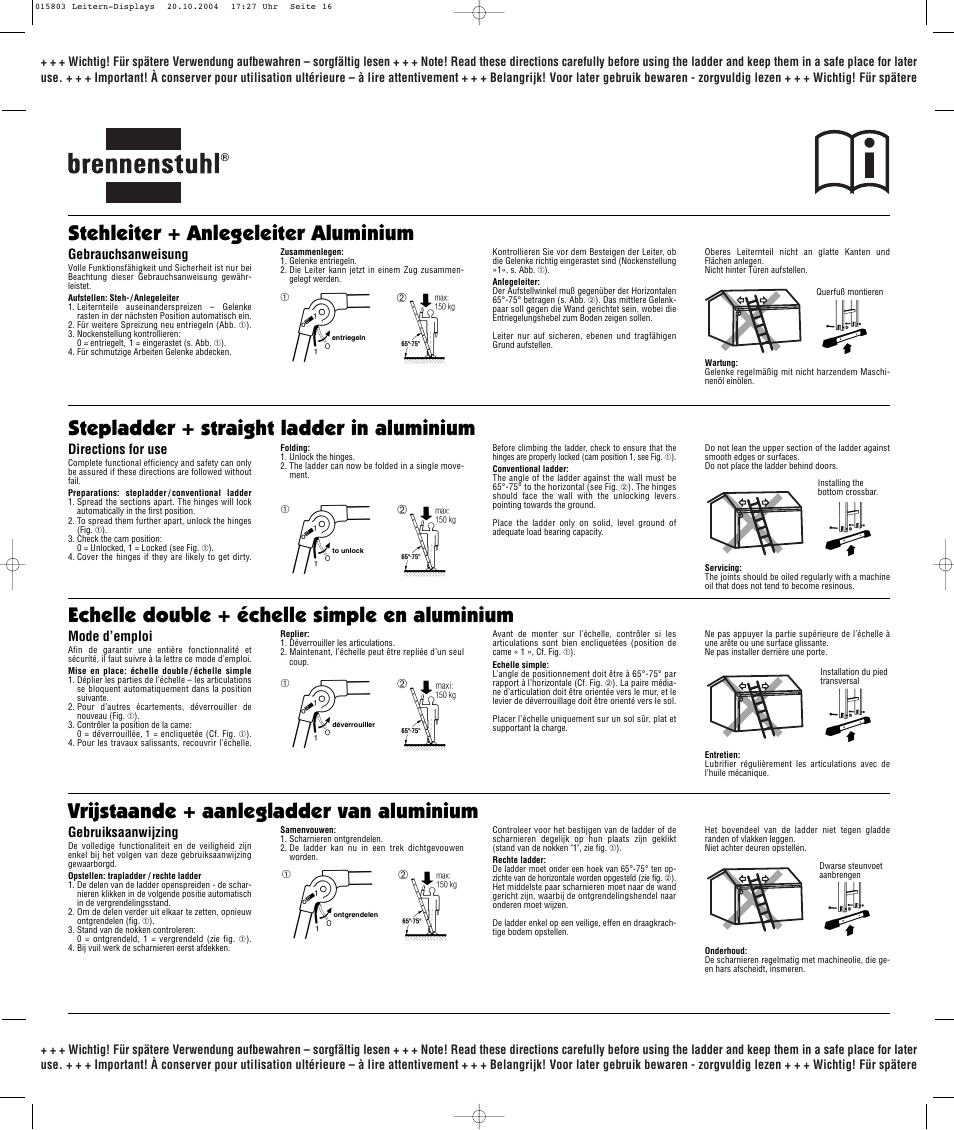 Stehleiter + anlegeleiter aluminium | Brennenstuhl Brenette 6-Hinge Aluminium Multi-purpose Ladder 12 rungs, Height of stepladder 1,8m Length of ladder 3,6m User Manual | Page 16 / 25