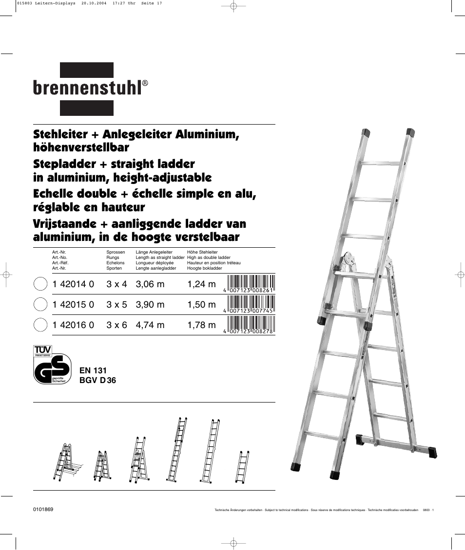 Brennenstuhl Brenette 6-Hinge Aluminium Multi-purpose Ladder 12 rungs, Height of stepladder 1,8m Length of ladder 3,6m User Manual | Page 17 / 25