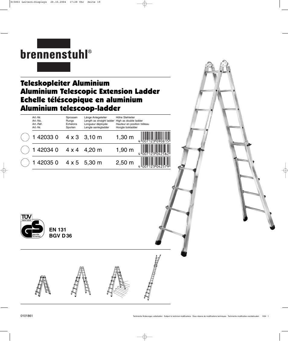 Brennenstuhl Brenette 6-Hinge Aluminium Multi-purpose Ladder 12 rungs, Height of stepladder 1,8m Length of ladder 3,6m User Manual | Page 19 / 25