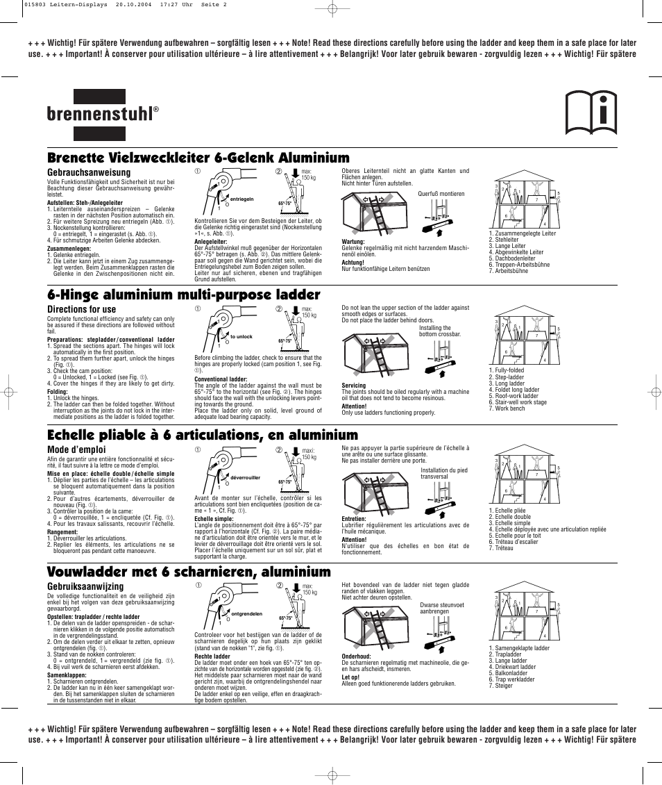 Brenette vielzweckleiter 6-gelenk aluminium | Brennenstuhl Brenette 6-Hinge Aluminium Multi-purpose Ladder 12 rungs, Height of stepladder 1,8m Length of ladder 3,6m User Manual | Page 2 / 25