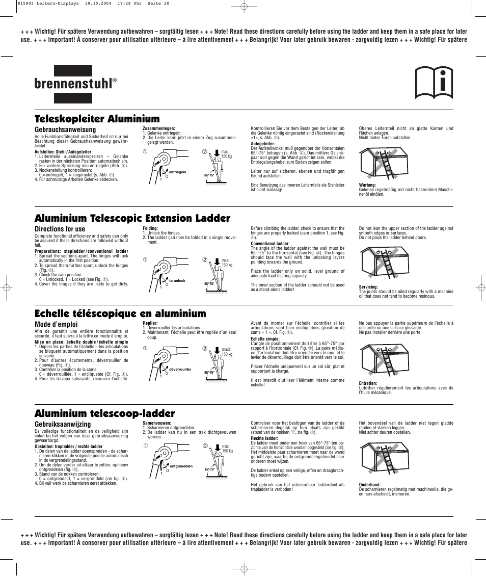 Teleskopleiter aluminium | Brennenstuhl Brenette 6-Hinge Aluminium Multi-purpose Ladder 12 rungs, Height of stepladder 1,8m Length of ladder 3,6m User Manual | Page 20 / 25