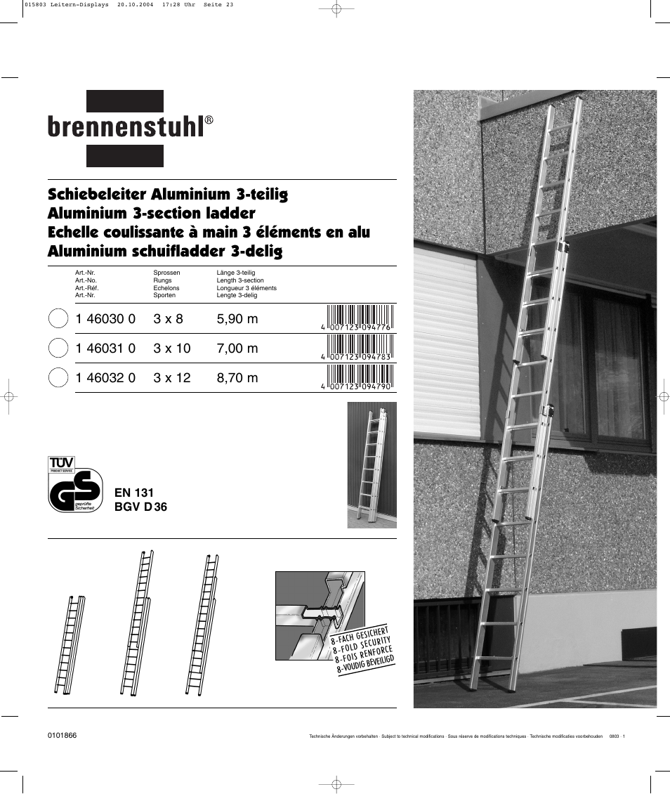 Brennenstuhl Brenette 6-Hinge Aluminium Multi-purpose Ladder 12 rungs, Height of stepladder 1,8m Length of ladder 3,6m User Manual | Page 23 / 25