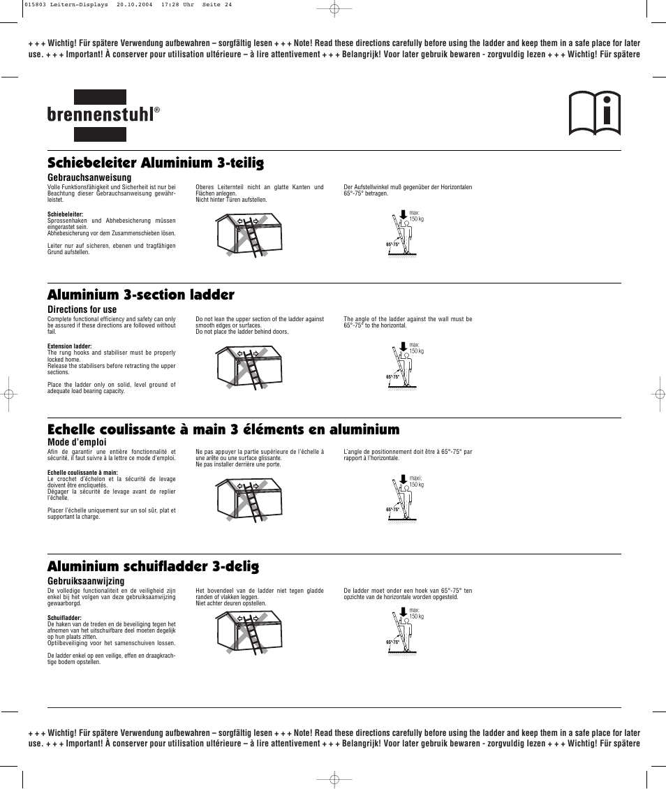 Schiebeleiter aluminium 3-teilig | Brennenstuhl Brenette 6-Hinge Aluminium Multi-purpose Ladder 12 rungs, Height of stepladder 1,8m Length of ladder 3,6m User Manual | Page 24 / 25