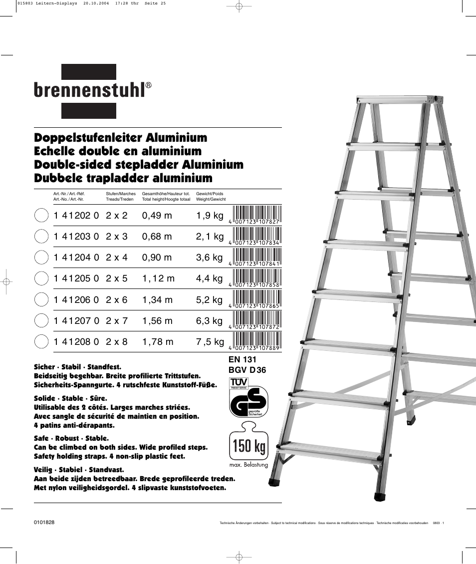 Brennenstuhl Brenette 6-Hinge Aluminium Multi-purpose Ladder 12 rungs, Height of stepladder 1,8m Length of ladder 3,6m User Manual | Page 25 / 25