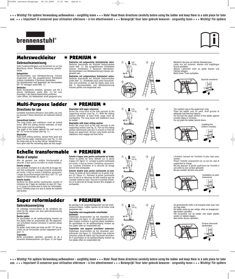 Mehrzweckleiter ✷ premium | Brennenstuhl Brenette 6-Hinge Aluminium Multi-purpose Ladder 12 rungs, Height of stepladder 1,8m Length of ladder 3,6m User Manual | Page 4 / 25