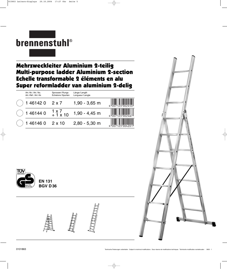 Brennenstuhl Brenette 6-Hinge Aluminium Multi-purpose Ladder 12 rungs, Height of stepladder 1,8m Length of ladder 3,6m User Manual | Page 5 / 25