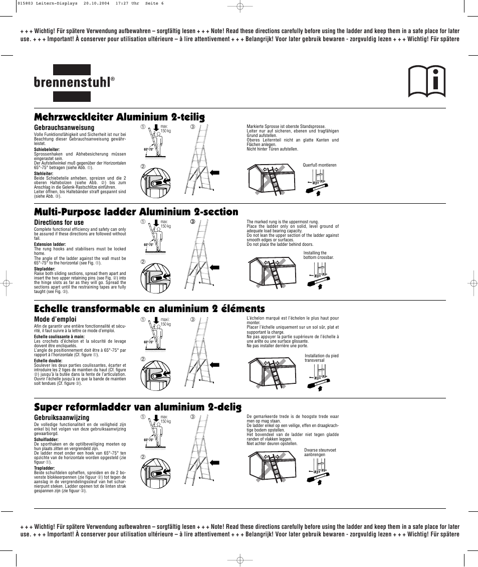 Mehrzweckleiter aluminium 2-teilig | Brennenstuhl Brenette 6-Hinge Aluminium Multi-purpose Ladder 12 rungs, Height of stepladder 1,8m Length of ladder 3,6m User Manual | Page 6 / 25