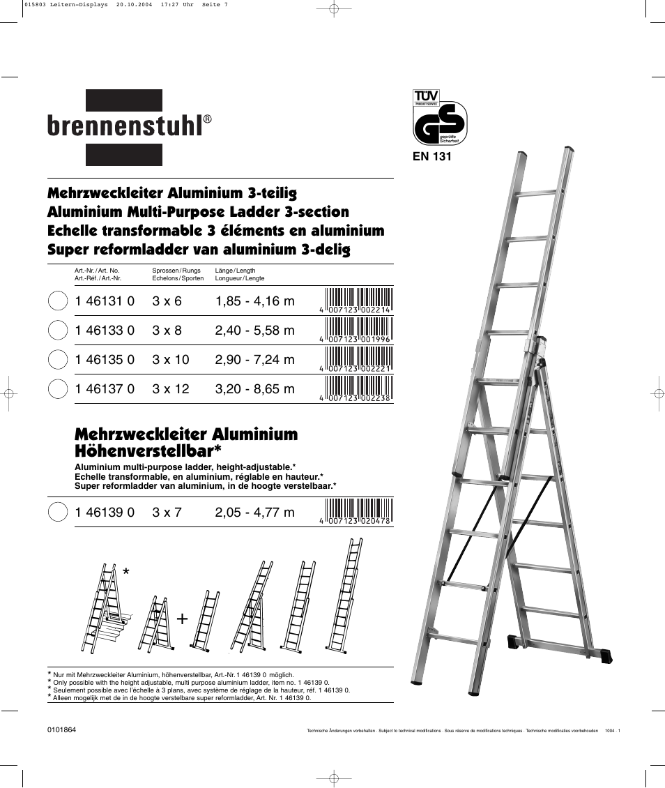 Mehrzweckleiter aluminium höhenverstellbar | Brennenstuhl Brenette 6-Hinge Aluminium Multi-purpose Ladder 12 rungs, Height of stepladder 1,8m Length of ladder 3,6m User Manual | Page 7 / 25