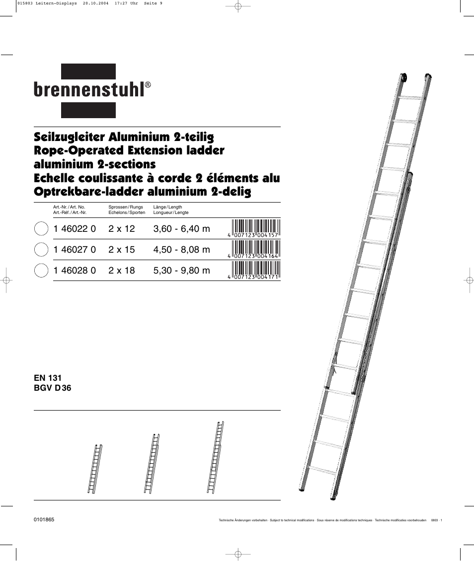 Brennenstuhl Brenette 6-Hinge Aluminium Multi-purpose Ladder 12 rungs, Height of stepladder 1,8m Length of ladder 3,6m User Manual | Page 9 / 25