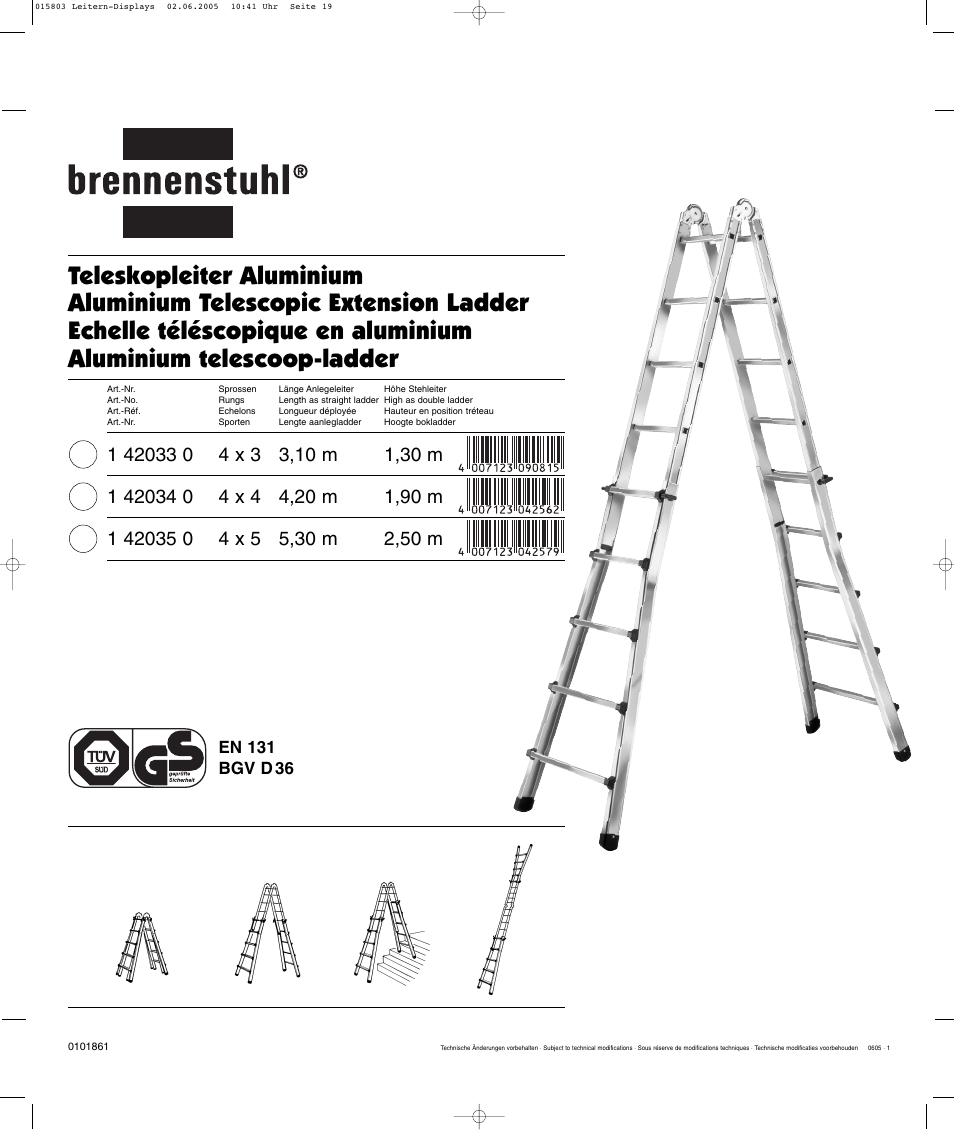 Brennenstuhl Telescopic Aluminium Ladder 4x4 rungs, Height of stepladder max.2,1m Length of ladder max.4,2m User Manual | 4 pages
