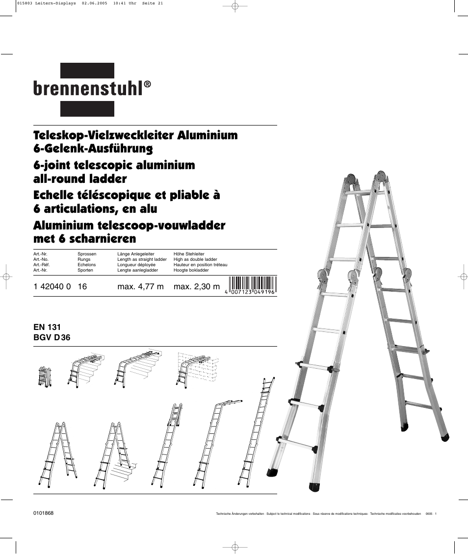 Brennenstuhl Telescopic Aluminium Ladder 4x4 rungs, Height of stepladder max.2,1m Length of ladder max.4,2m User Manual | Page 3 / 4