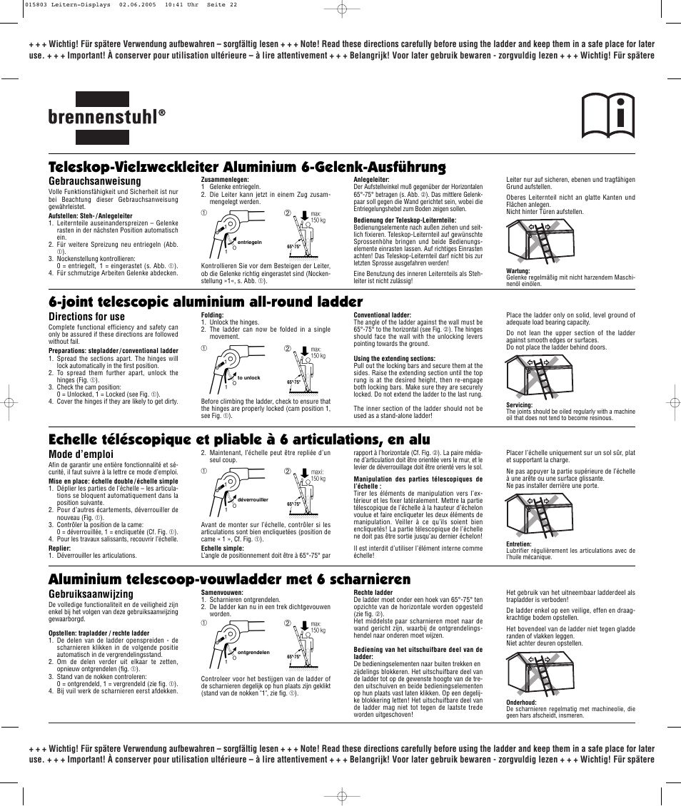 Joint telescopic aluminium all-round ladder, Aluminium telescoop-vouwladder met 6 scharnieren, Gebrauchsanweisung | Directions for use, Mode d’emploi, Gebruiksaanwijzing | Brennenstuhl Telescopic Aluminium Ladder 4x4 rungs, Height of stepladder max.2,1m Length of ladder max.4,2m User Manual | Page 4 / 4