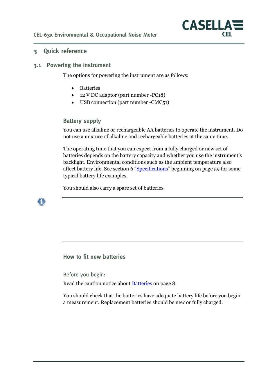 Quick reference, Powering the instrument, Battery supply | How to fit new batteries, Quick, Reference, 3 quick reference | Casella CEL CEL-63X User Manual | Page 10 / 87