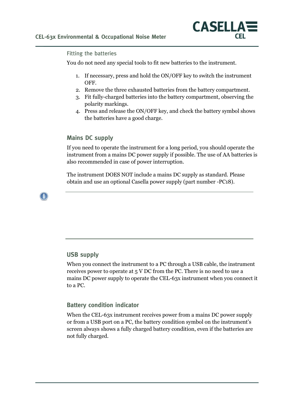 Mains dc supply, Usb supply, Battery condition indicator | Casella CEL CEL-63X User Manual | Page 11 / 87