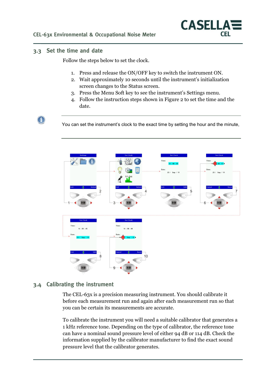 Set the time and date, Calibrating the instrument | Casella CEL CEL-63X User Manual | Page 13 / 87