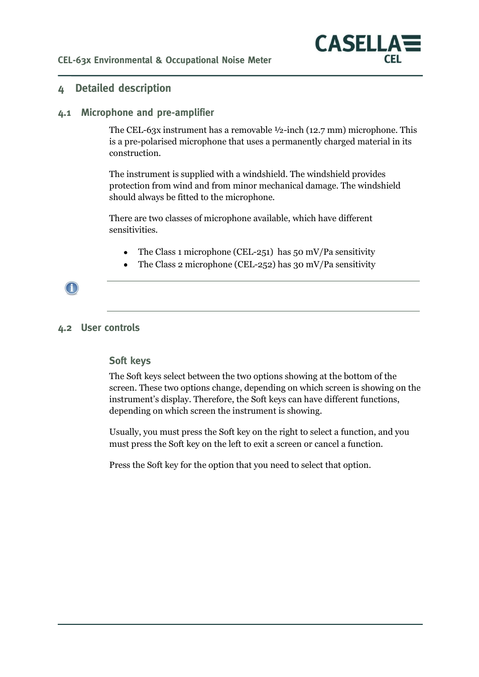 Detailed description, Microphone and pre-amplifier, User controls | Soft keys, Detailed, Description, Ge 24, 4 detailed description | Casella CEL CEL-63X User Manual | Page 24 / 87