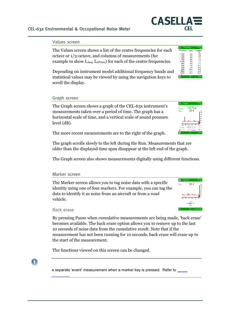 Values screen, Graph screen, Marker screen | Casella CEL CEL-63X User Manual | Page 32 / 87
