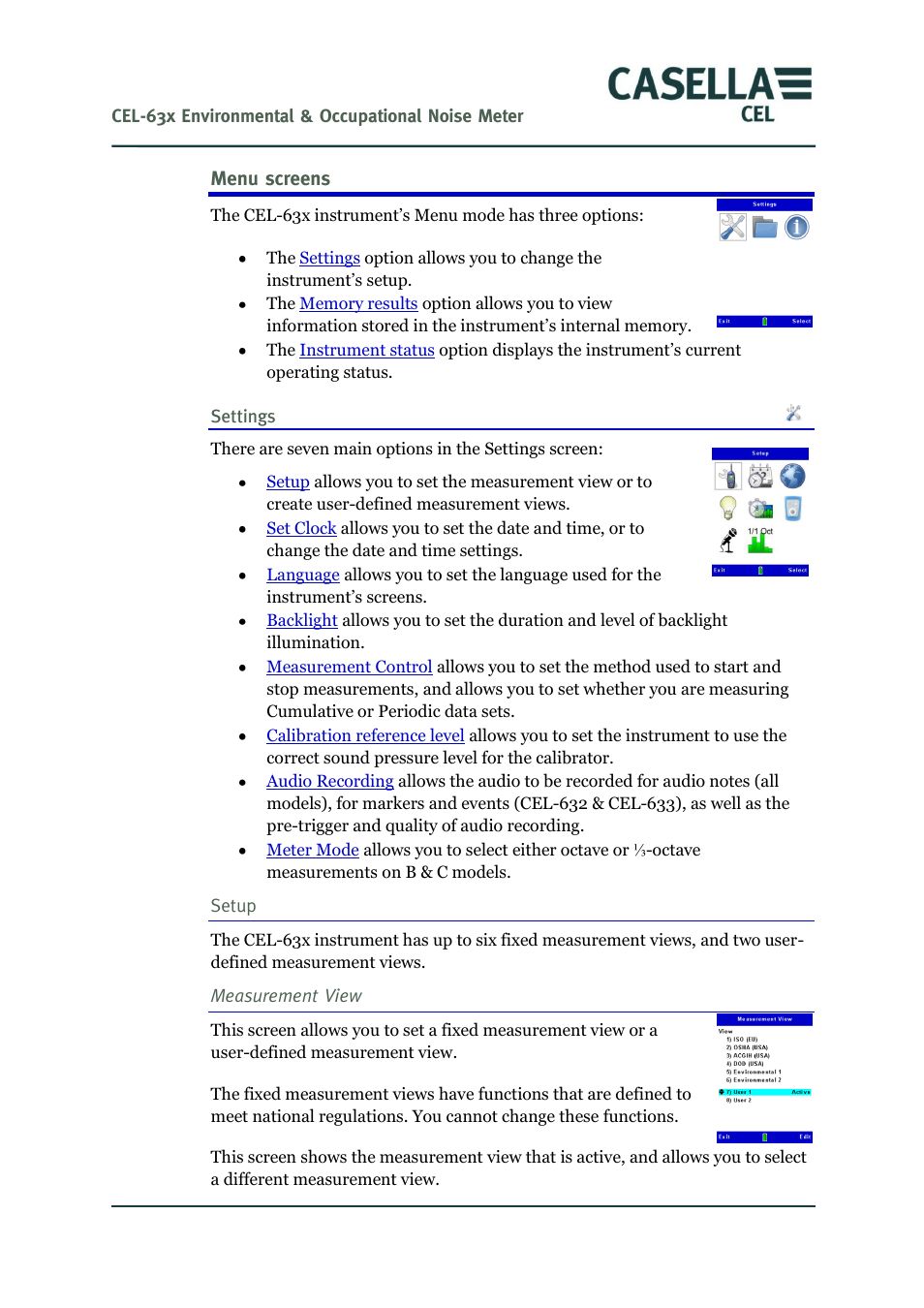 Menu screens, Setup | Casella CEL CEL-63X User Manual | Page 33 / 87