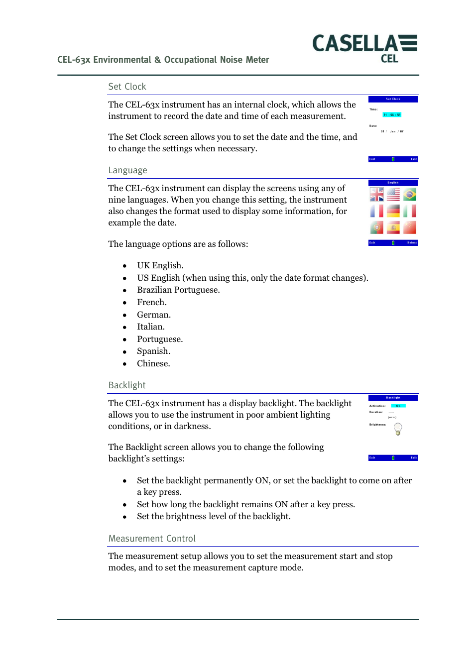 Set clock, Language, Backlight | Measurement control | Casella CEL CEL-63X User Manual | Page 35 / 87