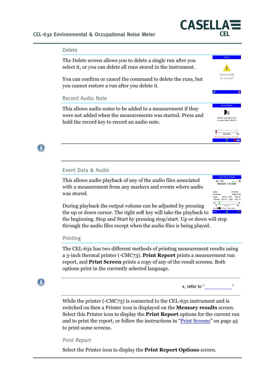 Record audio note, Ge 44), Delete | Event data & audio, Printing | Casella CEL CEL-63X User Manual | Page 44 / 87